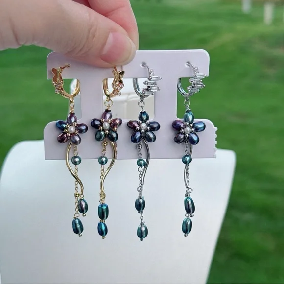 E246 Handmade Freshwater Pearl Flower Huggies Earrings - Picture 3 of 11